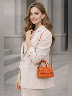 Orange Croc Embossed Mini Top Handle Bag Structured Crossbody Chic